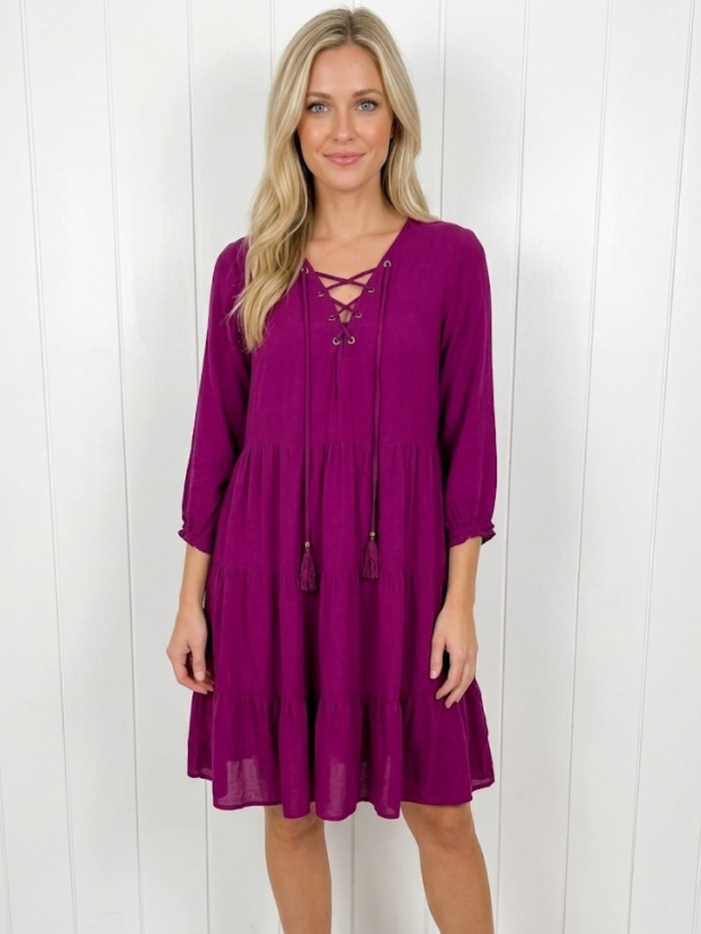 entro Lace-Up Tiered Mini Dress in Magenta